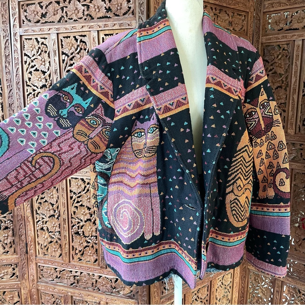 Original Vintage Laurel Burch Silverado Boho Cat Tapestry Blanket Knit Jacket - Picture 2 of 12